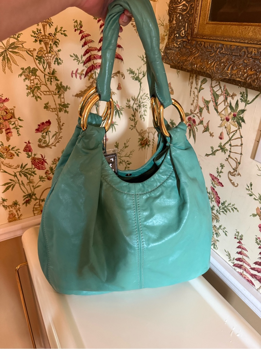 Miu Miu Vintage Turquoise Leather Hobo Bag Gold Ring Hardware